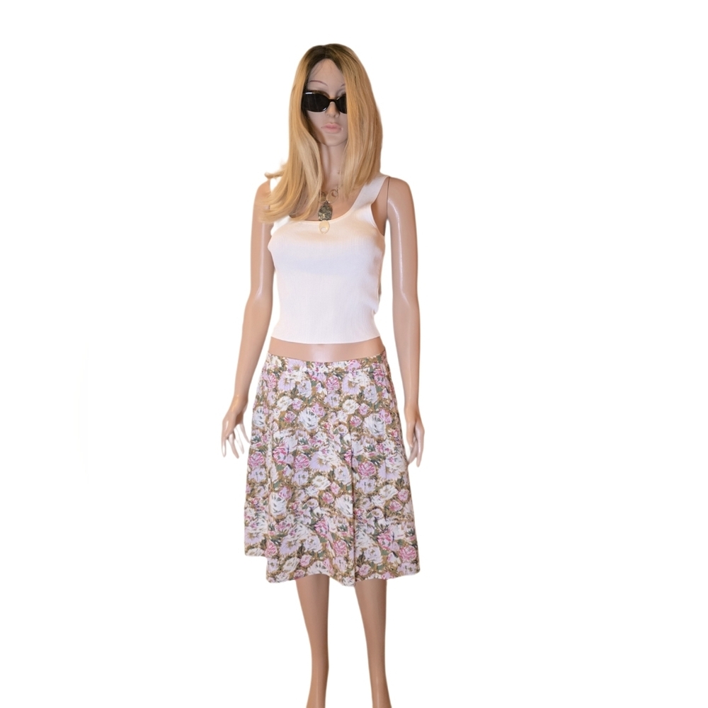 90s Style Floral A-Line Midi Skirt Pink & Olive Cabbage Roses 32" Waist - Picture 4 of 10